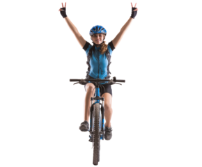 Happy cyclist celebrating victory with peace signs on a mountain bike