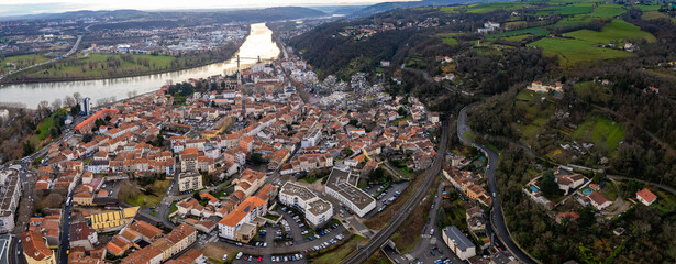 An aerial panorama view around the old town in the city Givors in France on a sunny morning in...