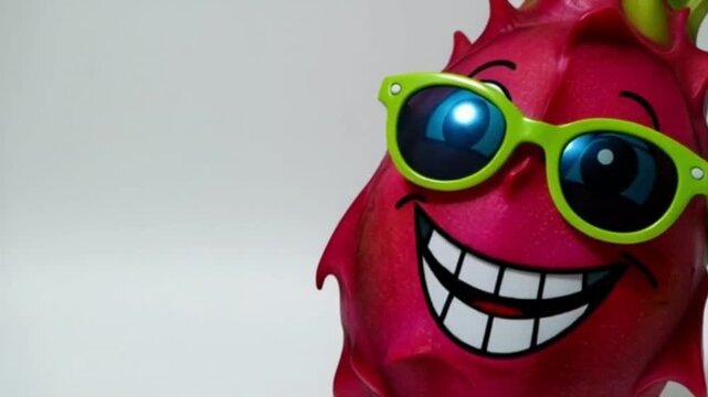 Eine rote Drachenfrucht mit Comic-Gesicht, lachend, mit Armen und Beinen in lustiger Pose &ndash; dargestellt auf wei&szlig;em Hintergrund.