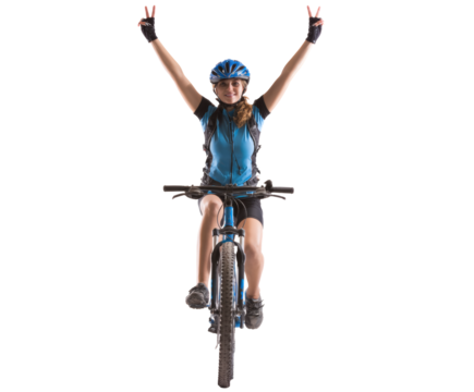 Happy cyclist celebrating victory with peace signs on a mountain bike