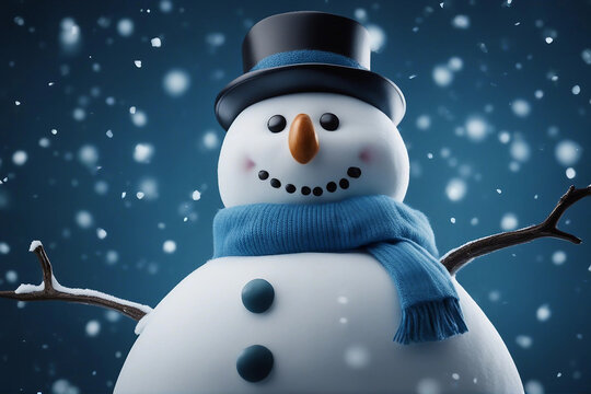 A cheerful snowman smiling on a snowy night, set against a dark blue backdrop. Generative AI