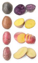 Different types of raw potatoes isolated on white, collage. Whole and cut