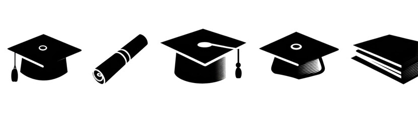 Four simple graduation cap silhouettes, black and white