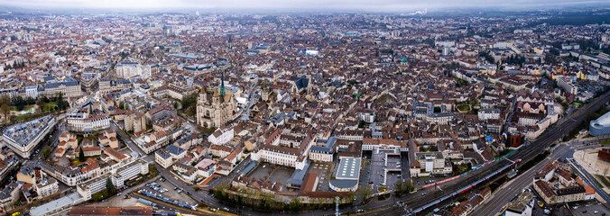 An aerial panorama view around the old town in the city Dijon in France on a cloudy morning in early spring