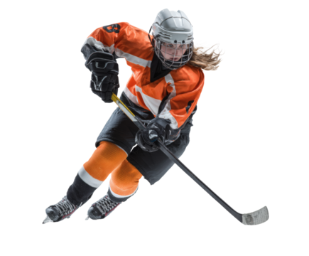 Female hockey player in action on ice.