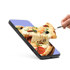 Food ordering and delivery service. Woman taking slice of tasty pizza from mobile phone display against white background, closeup