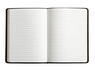 Open lined notebook, top view.  Blank pages ready for writing.  Dark brown cover.  Smooth, clean design.  Slight texture visible
