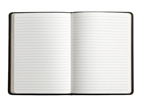 Open lined notebook, top view. Blank pages ready for writing. Dark brown cover. Smooth, clean design. Slight texture visible - Powered by Adobe