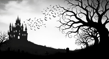 Spooky halloween castle with bats flying out and bare trees in silhouette