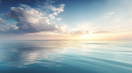 A serene seascape with calm water under a partly cloudy sky during sunrise or sunset,