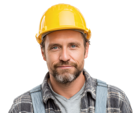Construction worker with a yellow hard hat smiling at the camera.