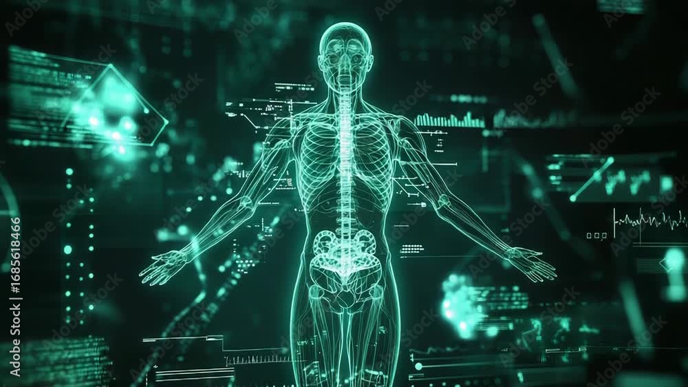 Poster futuristic interface showing human body scan with medical data analysis