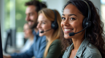 Diverse customer service team members wearing headsets in an office setting smiling Keywords: customer service, call center, headset, people, team