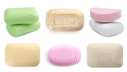 Different soap bars isolated on white, set