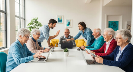 Obraz premium A wide shot of a modern tech training session for diverse senior citizens, with young instructors helping them use laptops and tablets. The room has natural light and minimalist white walls.