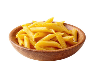 Uncooked penne pasta in a shallow wooden bowl