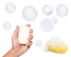 Soap bars and bubbles on white background, set