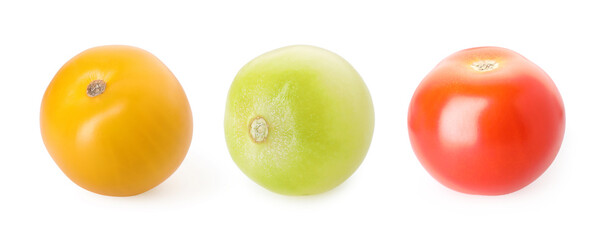 Different types of ripe tomatoes isolated on white, set