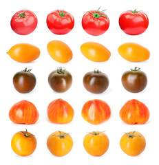 Different types of ripe tomatoes isolated on white, collage
