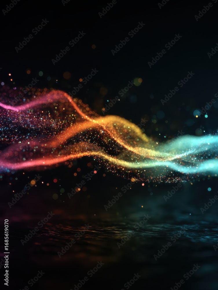 Poster generative ai abstract visualization of colorful sound waves and acoustic data flow with glowing par