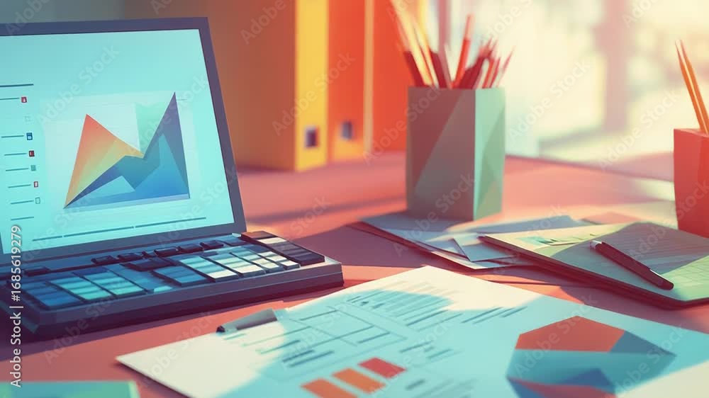 Poster business charts and graphs displaying on laptop and documents on desk