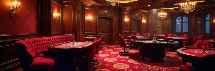 Luxurious casino interior with plush velvet seating, glittering chandeliers, and a roulette wheel in the background, creating an opulent and exciting atmosphere ,  scene,  night,  opulent
