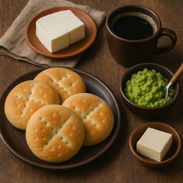 Traditional Chilean breakfast with hallulla bread, cheese, avocado and coffee