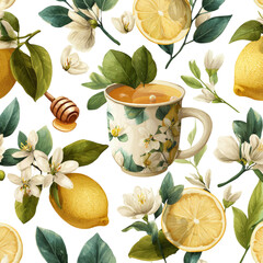 Lemon tea pattern with flowers and leaves