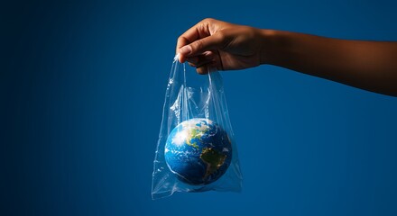 Hand holding Earth in plastic bag, highlighting environmental concerns globally