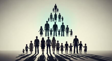 A creative photorealistic concept of human silhouettes arranged like a population pyramid, with seniors at the top and younger generations at the wider base. The image has a clean gradient background.