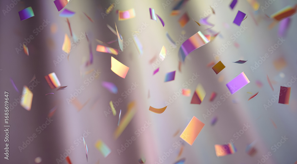 Poster soft pastel confetti floating above translucent surface, creating festive and joyful atmosphere with
