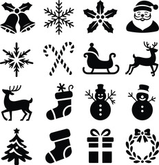 Black Silhouette Christmas Icons On White Background vector illustration
