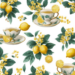 Floral lemon tea pattern, featuring  yellow lemons, teacups,  and leaves