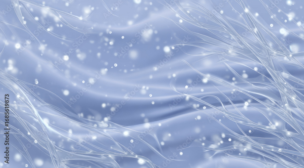 Poster soft blue abstract background with flowing translucent white lines and gentle glowing particles, cre