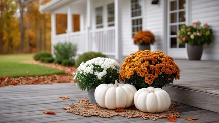 Colorful flowers in large pots and various pumpkins create a festive fall ambiance on a charming porch decorated for the season