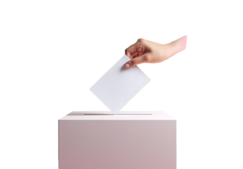 A hand inserts a blank ballot into a voting box