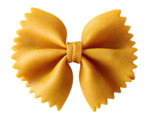 Close-up of a single bow-tie pasta.  It's a rich golden-yellow color, and the edges are jagged.  The knot is clearly visible in the center
