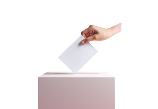 A hand inserts a blank ballot into a voting box