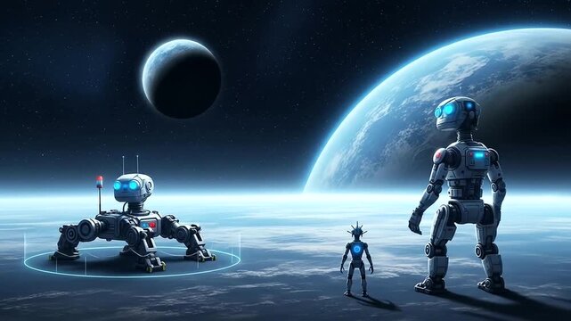 Futuristic exploration on a distant planet with robots, exploring the cosmos beyond Earth,