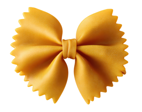 Close-up of a single bow-tie pasta.  It's a rich golden-yellow color, and the edges are jagged.  The knot is clearly visible in the center
