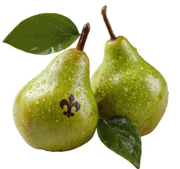 Two pears with dew drops,  leaves, and a symbol