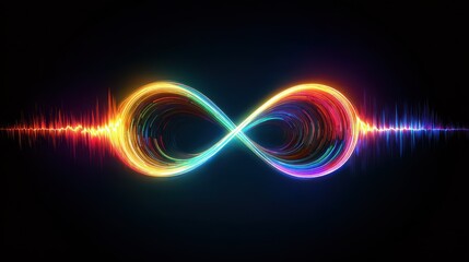 neon infinity loop with colorful gradient spectrum and sound wave waveform visualization abstract glowing symbol of endless data flow digital technology concept futuristic audio signal art illustra