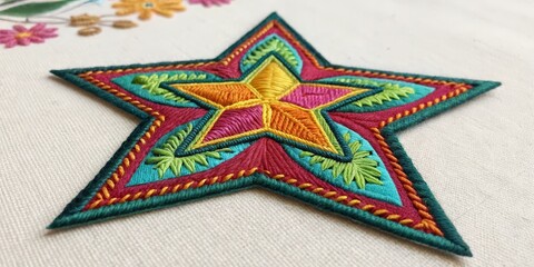 Colorful Embroidered Star Patch, Needlework ,Textile Art