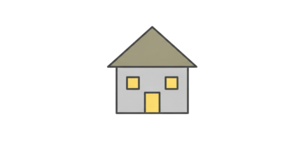 Simple illustration of a house with a roof, windows, and a door.
