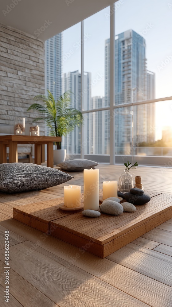 Poster sunlight filters through a window illuminating a cozy room with candles and cushions, creating a pea