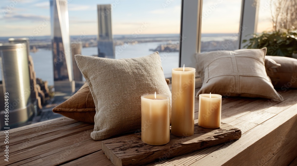 Poster sunlight filters through a window illuminating a cozy room with candles and cushions, creating a pea