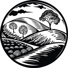 Serene landscape engraving in circle: A meticulously detailed black and white engraving depicts a tranquil countryside scene enclosed within a circular frame, showcasing rolling hills, trees.