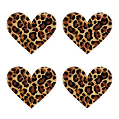 Four hearts, each adorned with a leopard print pattern in brown and beige tones