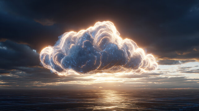 Glowing cloud floats above ocean at sunset, creating surreal atmosphere
