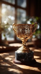 Elegant Golden Trophy with Marble Base on Wooden Table in Natural Light